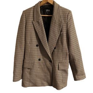 ZARA Blazer Tan Brown Houndstooth pattern Women's size Large
